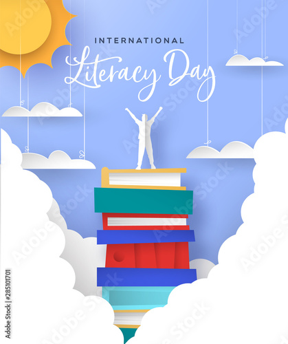 Literacy Day card man in papercut book mountain