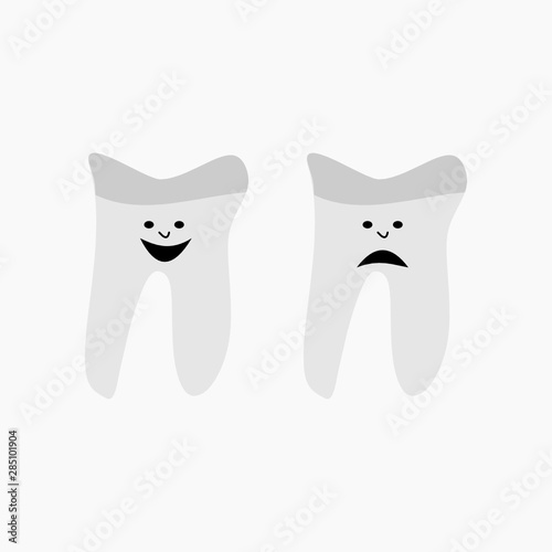 Healthy and unhealthy sad and smile tooth cartoon characters on white background