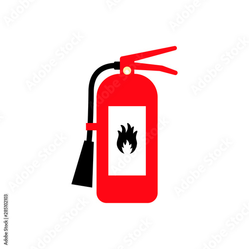 Fire extinguisher cartoon flat colored icon with fire sign.