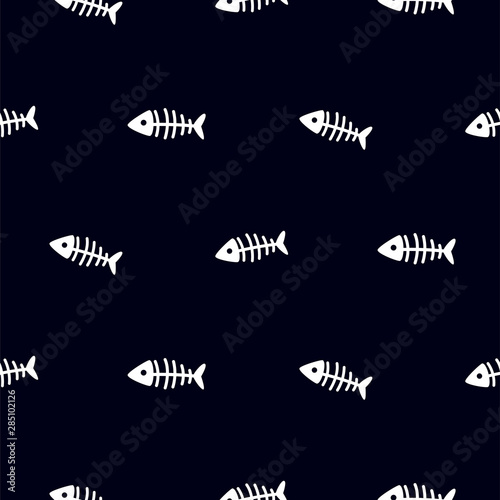 Fish skeleton black and white seamless vector pattern.