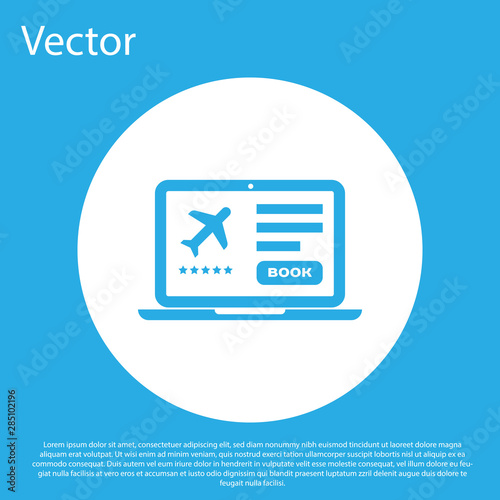 Blue Laptop with electronic boarding pass airline ticket icon isolated on blue background. Passenger plane mobile ticket for web and app. White circle button. Vector Illustration