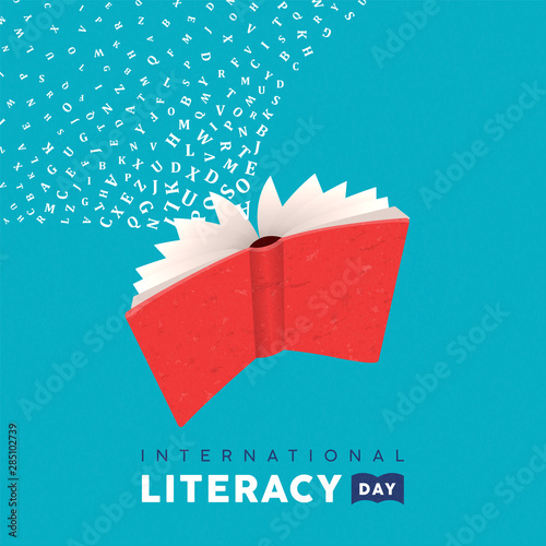 Literacy Day card concept of flying book alphabet