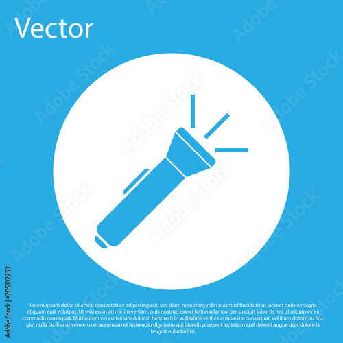 Blue Flashlight icon isolated on blue background. White circle button. Vector Illustration