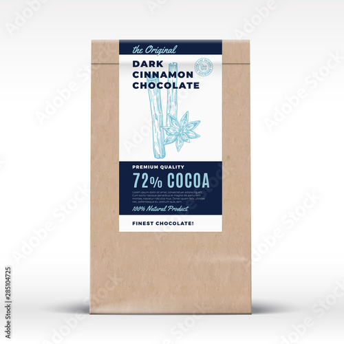 The Original Dark Cinnamon Chocolate. Craft Paper Bag Product Label. Abstract Vector Packaging Design Layout with Realistic Shadows. Modern Typography and Hand Drawn Spices Silhouette.