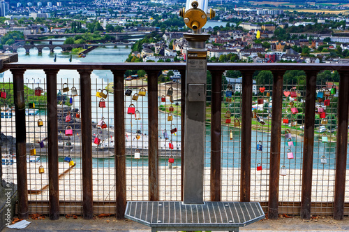 Deutsches Eck mit Blick von Festung Ehrenbreitstein in Koblenz mit Rhein und Mosel in Rheinland-Pfalz Oberes Mittelrheintal Deutschland Europa fotografiert am 2019.08.15