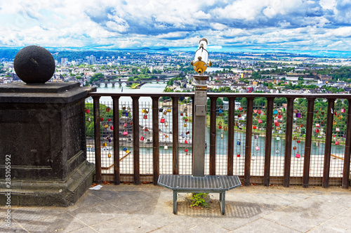 Deutsches Eck mit Blick von Festung Ehrenbreitstein in Koblenz mit Rhein und Mosel in Rheinland-Pfalz Oberes Mittelrheintal Deutschland Europa fotografiert am 2019.08.15 photo