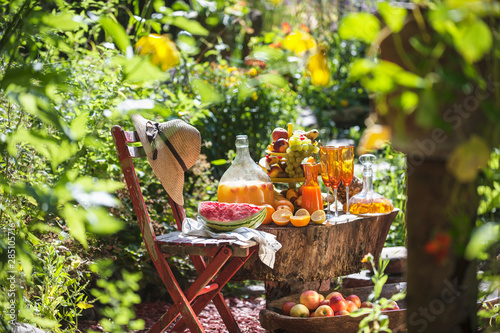 Austria, Salzburg, Fruits and juices in garden photo