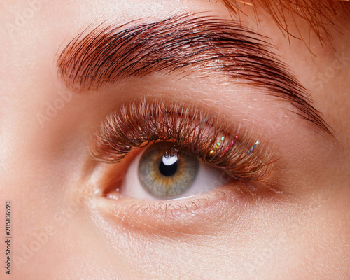 Obraz na plátně Beautiful macro photography of a woman's eye with extreme make-up of long eyelashes
