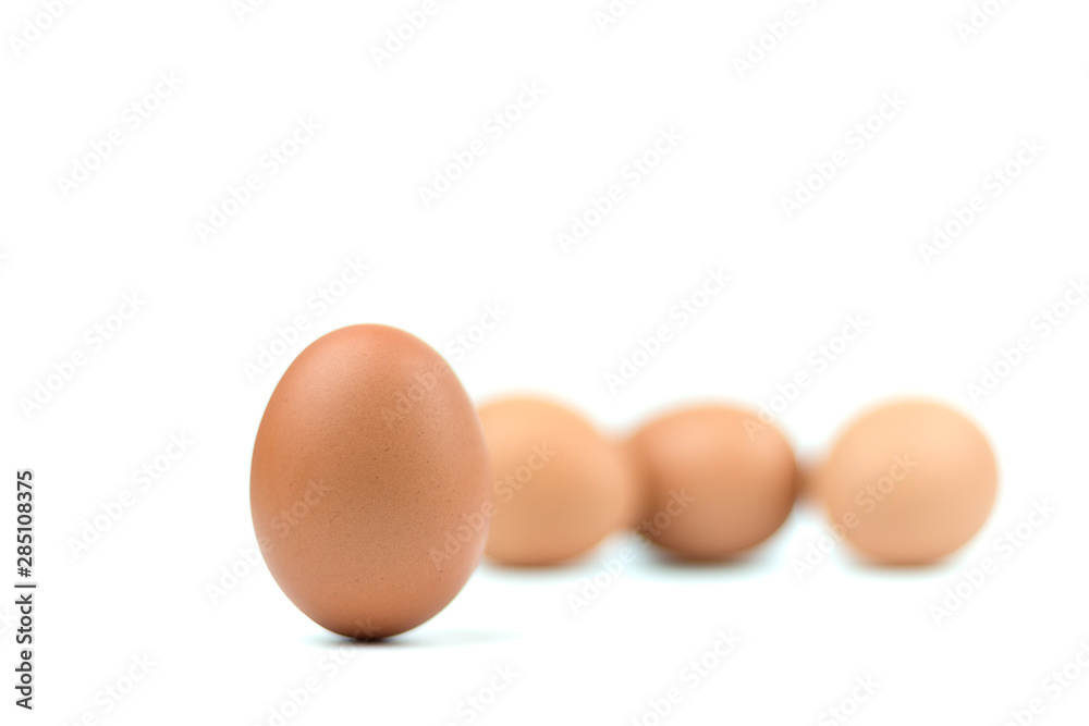 Four brown eggs separated from the white background with spaces for writing text. Four brown eggs separated from the white background with spaces for writing text.