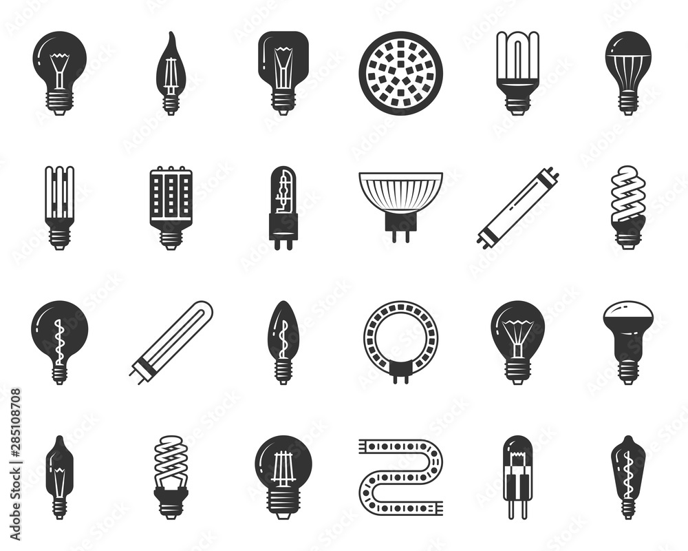 Light Bulb black silhouette icons vector set - obrazy, fototapety, plakaty 