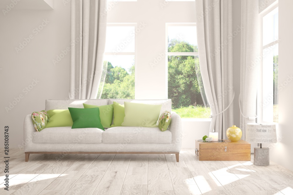 Stylish room in white color with sofa and summer landscape in window. Scandinavian interior design. 3D illustration Stylish room in white color with sofa and summer landscape in window. Scandinavian interior design. 3D illustration