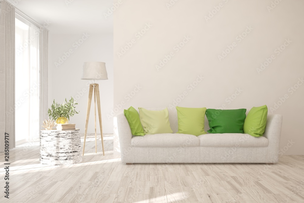 Obraz premium Stylish room in white color with sofa. Scandinavian interior design. 3D illustration
