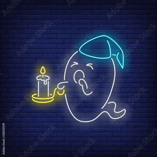 Sleepy ghost holding burning candle and yawning neon sign