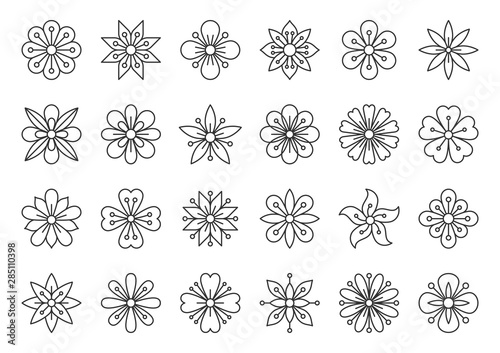 Abstract Flower simple black line icons vector set