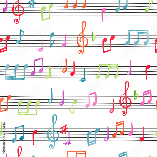Seamless colorful music notes pattern. Watercolor musical background