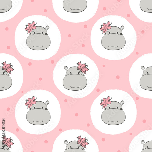 Cute Hippo pattern. Vector cartoon seamless background for kids.