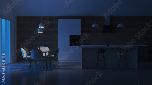 The interior of the kitchen in a private house. White - gray Scandinavian style kitchen. Night. Evening lighting. 3D rendering.