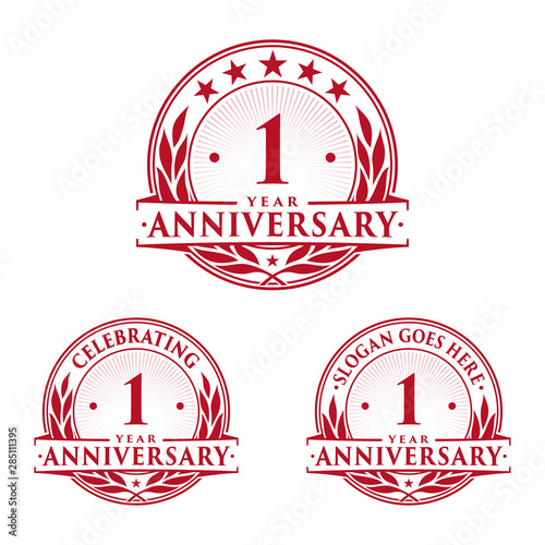 1 year anniversary logo set. 1st year anniversary celebration logotype. Vector and illustration.