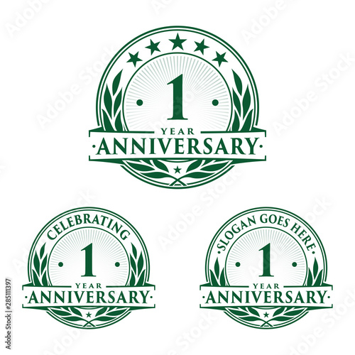 1 year anniversary logo set. 1st year anniversary celebration logotype. Vector and illustration.
