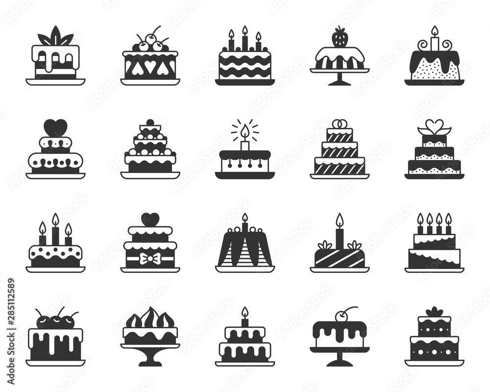 Cake Dessert black silhouette icons vector set