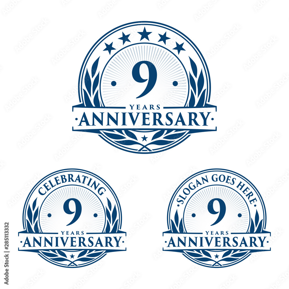 9 years anniversary logo set. 9th years anniversary celebration logotype. Vector and illustration. 9 years anniversary logo set. 9th years anniversary celebration logotype. Vector and illustration.