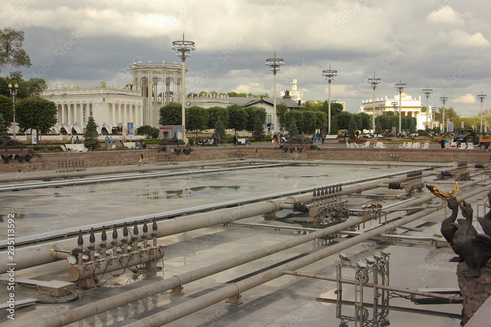 Moscow, Russia, Repair the pipeline of drained fountain Stone flower without water at VVC VDNH, landmark restoration service Moscow, Russia, Repair the pipeline of drained fountain Stone flower without water at VVC VDNH, landmark restoration service