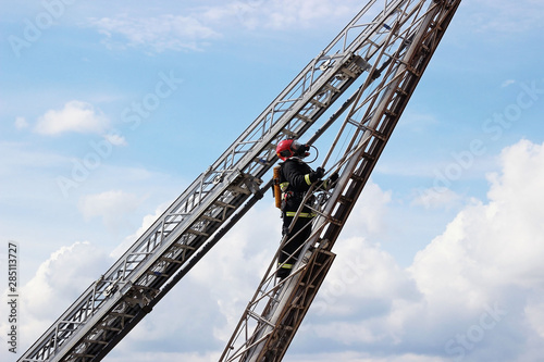 fireman, fire escape, rescue, sky, fire uniform