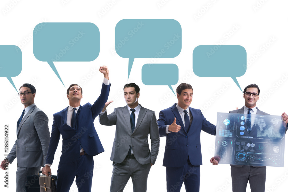 Businessmen with callout bubble blank message isolated on white Businessmen with callout bubble blank message isolated on white