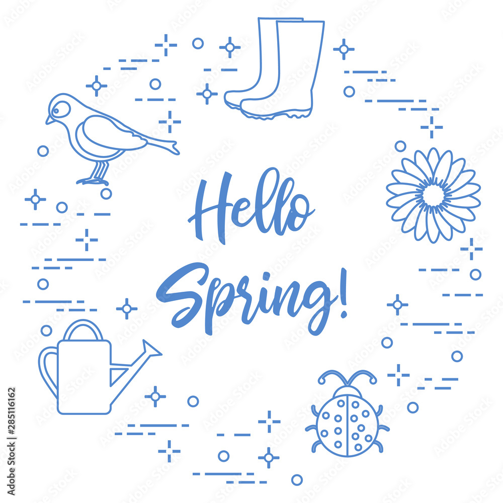 Rubber boots, bird, flower, watering can, ladybug. Rubber boots, bird, flower, watering can, ladybug.