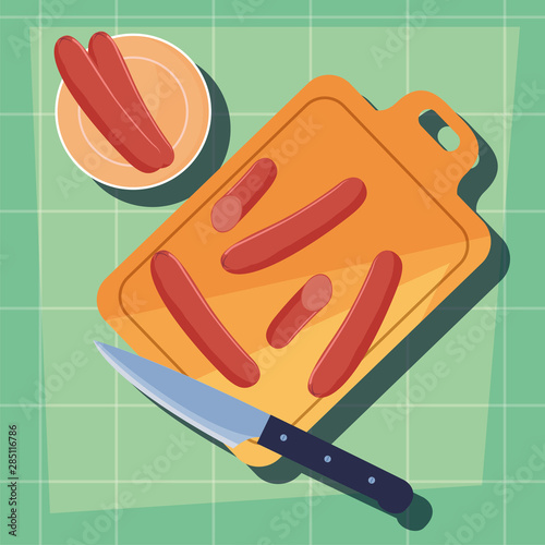 sausages cutting board knife preparation cooking flat design