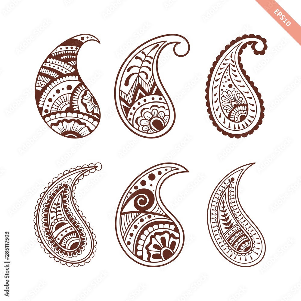Decorative hand drawn element henna style collection.Paisley set ...