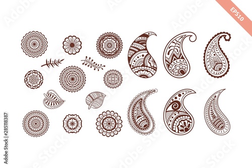 Decorative hand drawn element henna style collection.Flowers and paisley set for your design, tattoo. Henna-mehndi doodles design photo