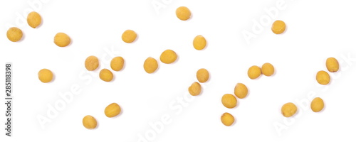 Set yellow mustard seeds macro isolated on white background, top view photo