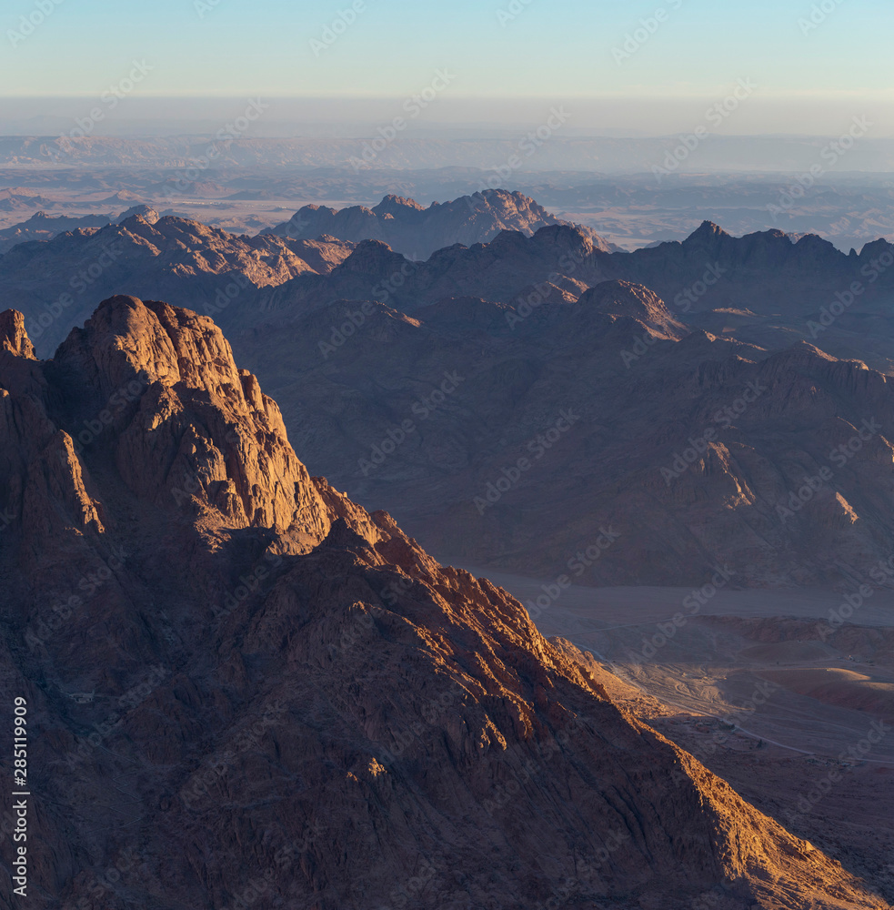 Egypt. Bedouin village. Mount Sinai in the morning at sunrise. (Mount Horeb, Gabal Musa, Moses Mount). Pilgrimage place and famous touristic destination.