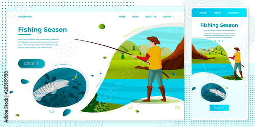 Vector cross platform illustration set - fisherman on river with rod, fish under water. Forests, trees, mountains and hills on green background. Browser and mobile phone template with place for text