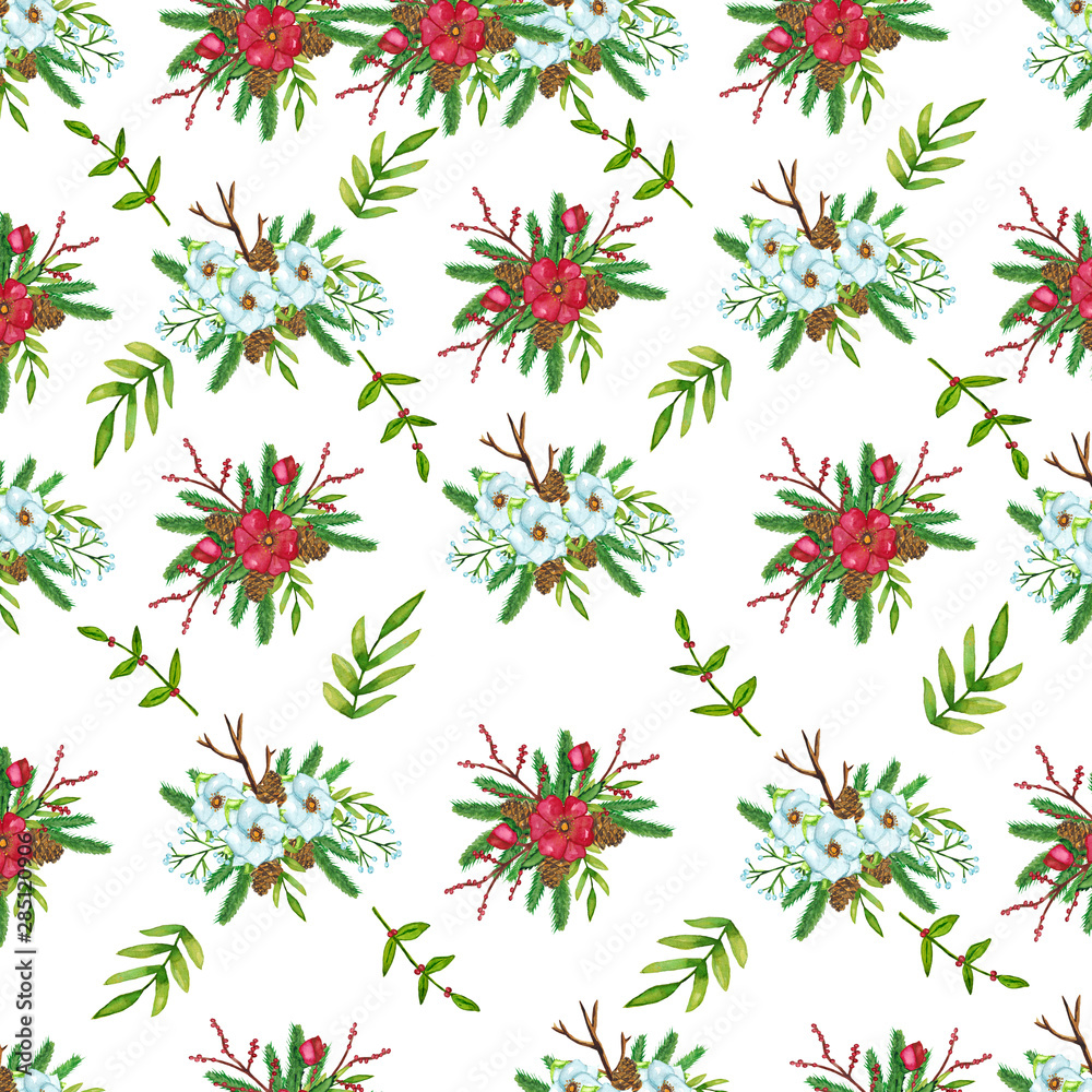 Seamless pattern with christmas branches, flowers, berries, cones isolated on white background. Watercolor hand drawn illustration for invitations .