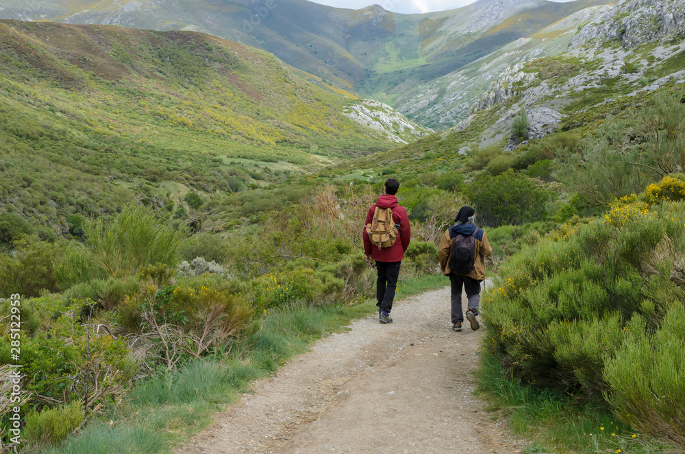 Men couple with backpack walking on a mountain path