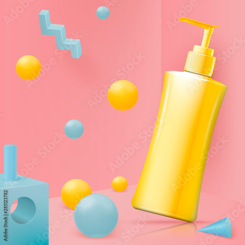 Vector 3d realistic pink corner wall abstract scene with blue and yellow geometric objects and shampoo bottle.