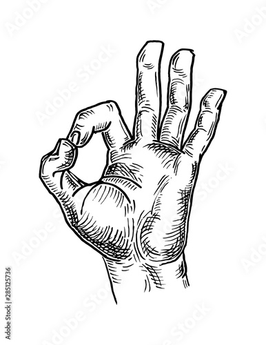 Male hand showing symbol okay. Vector black vintage engraving
