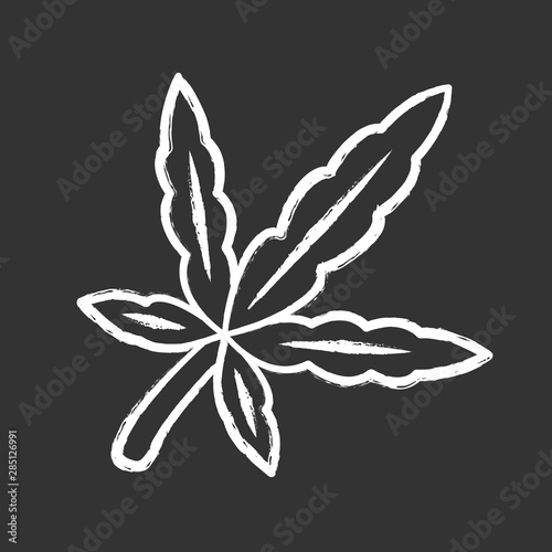 Cannabis leaf chalk icon. Weed product. Ganja industry. Green branch of marijuana. Alternative medication. Marihuana legalization. Drug use. Isolated vector chalkboard illustration