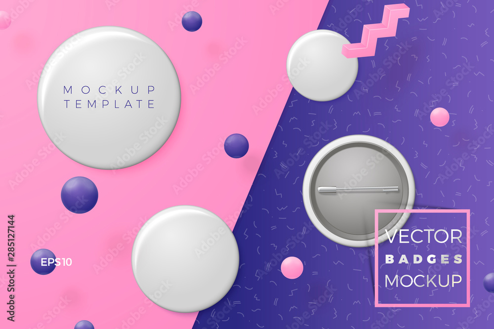 Vector 3d realistic badges abstract scene with text and border, violet, pink and white balls and objects. Vector 3d realistic badges abstract scene with text and border, violet, pink and white balls and objects.