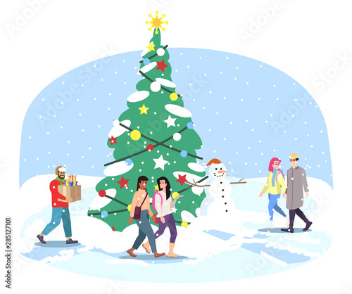 City Christmas tree flat vector illustration. Cartoon people characters walk urban park with New Year decorations. Town square with Xmas fir tree and snowman. Winter holidays fun fair decor