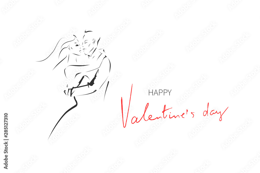 Valentine's day card. Hand-drawn couple of lovers. Hugging young happy man and woman. Calligraphic design elements. Vector