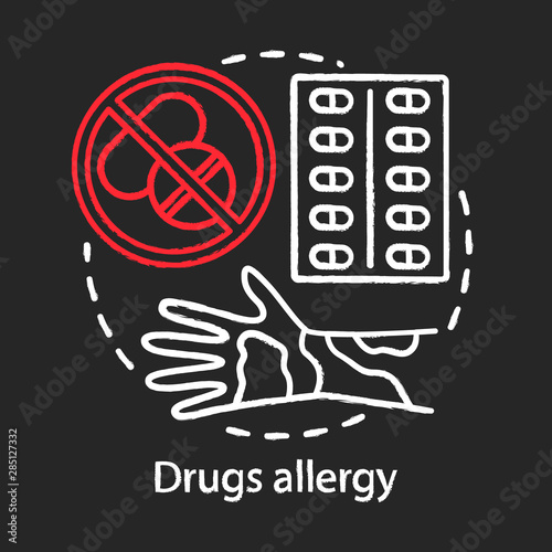 Drugs allergy chalk concept icon. Allergic reaction to medications idea. Hives, itchy skin, rash on hand. Pills use side effects. Vector isolated chalkboard illustration
