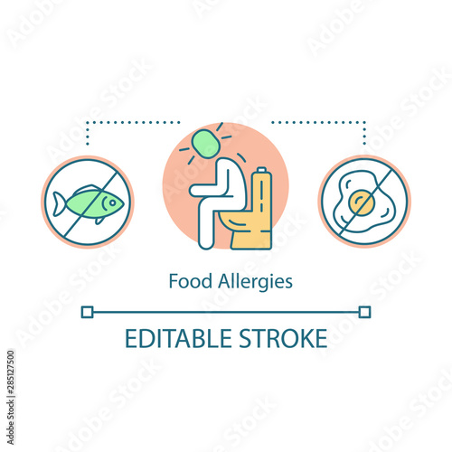 Food allergies concept icon. Allergic reaction to egg protein, fish idea thin line illustration. Diarrhea, constipation, indigestion. Food allergens. Vector isolated outline drawing. Editable stroke