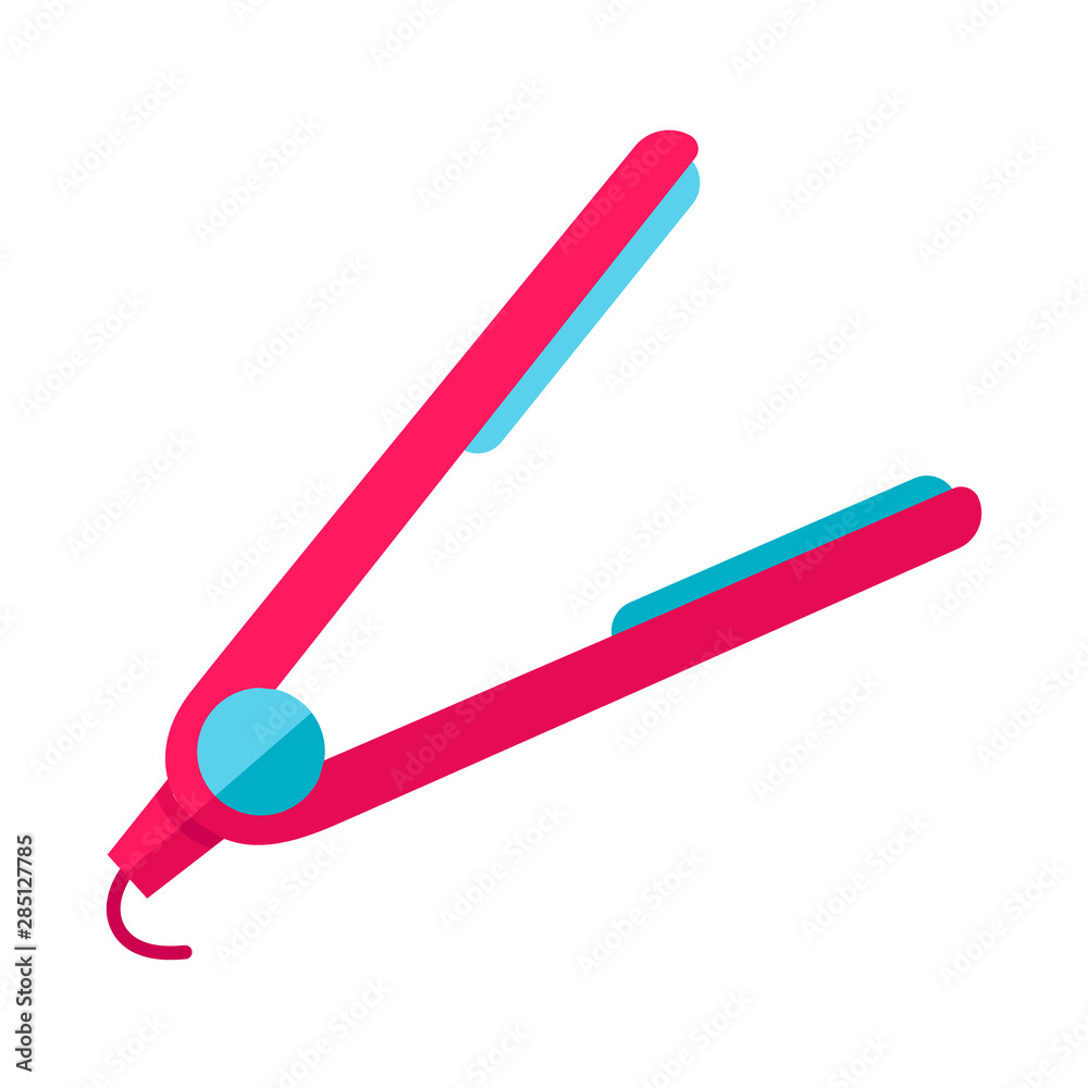 Hair straightener flat design long shadow color icon. Hair iron. Temporary straightening curly hair by heating. Professional hairstyling. Hairstylist accessory. Vector silhouette illustration Hair straightener flat design long shadow color icon. Hair iron. Temporary straightening curly hair by heating. Professional hairstyling. Hairstylist accessory. Vector silhouette illustration