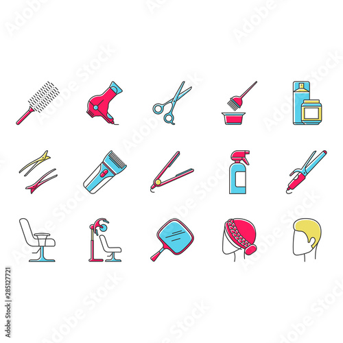 Hair dress color icons set. Professional hairstyling. Hairdresser tools, equipment and services. Barbershop, beauty salon maintenance. Hair care. Isolated vector illustrations