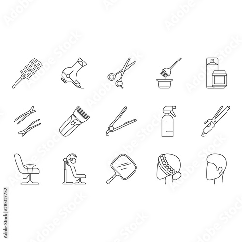 Hair dress linear icons set. Professional hairstyling. Hairdresser tools, equipment, services. Barbershop. Hair care. Thin line contour symbols. Isolated vector outline illustrations. Editable stroke