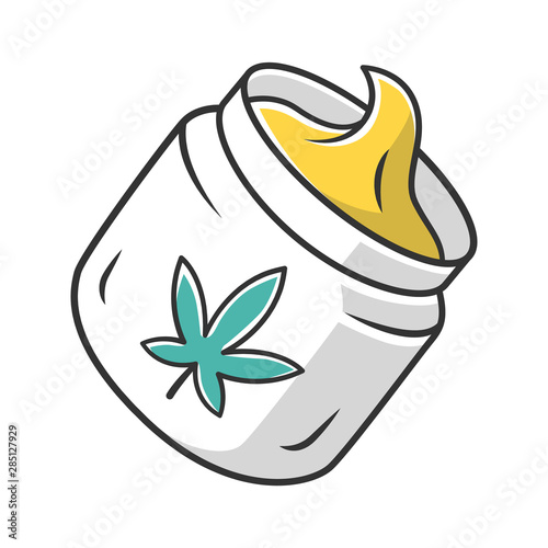 Hemp cream color icon. Cannabis cosmetic product. Ganja distribution and sale. Jar of weed lotion. Marijuana legalization. Pharmaceutical CBD oil herbal cream. Isolated vector illustration