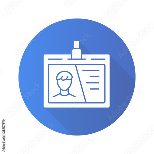 ID tag flat design long shadow glyph icon. Identification document vector silhouette illustration. Plastic card with photo. Businessman personal badge. Driver licence, company employee accessory